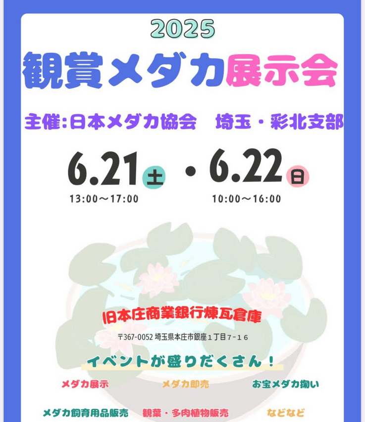メダカ販売イベントのフライヤー広告(2025年6月開催)