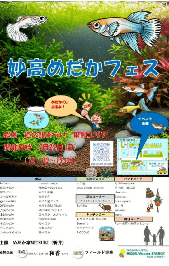 メダカ販売イベントのフライヤー広告(2025年7月開催)