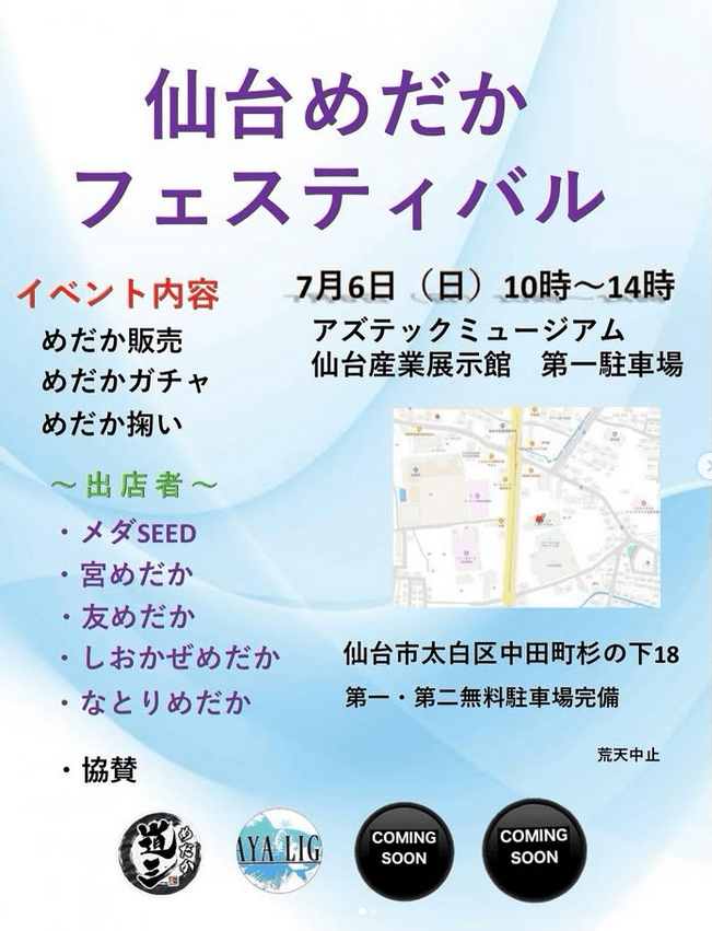 メダカ販売イベントのフライヤー広告(2025年7月開催)