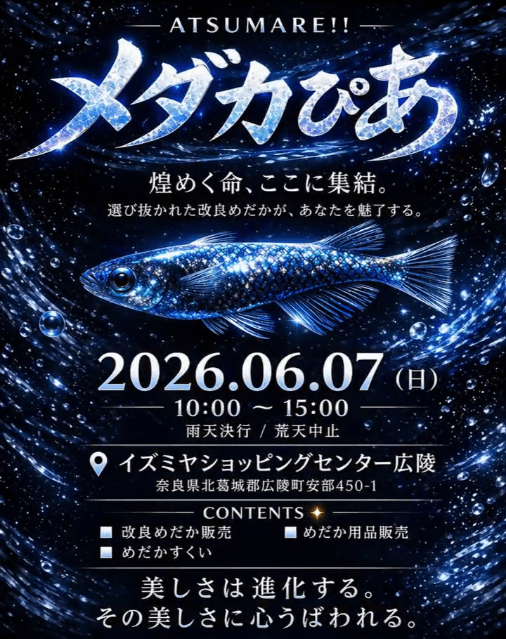 あつまれ！メダカぴあinイズミヤショッピングセンター広陵のフライヤー広告(2026年6月開催)