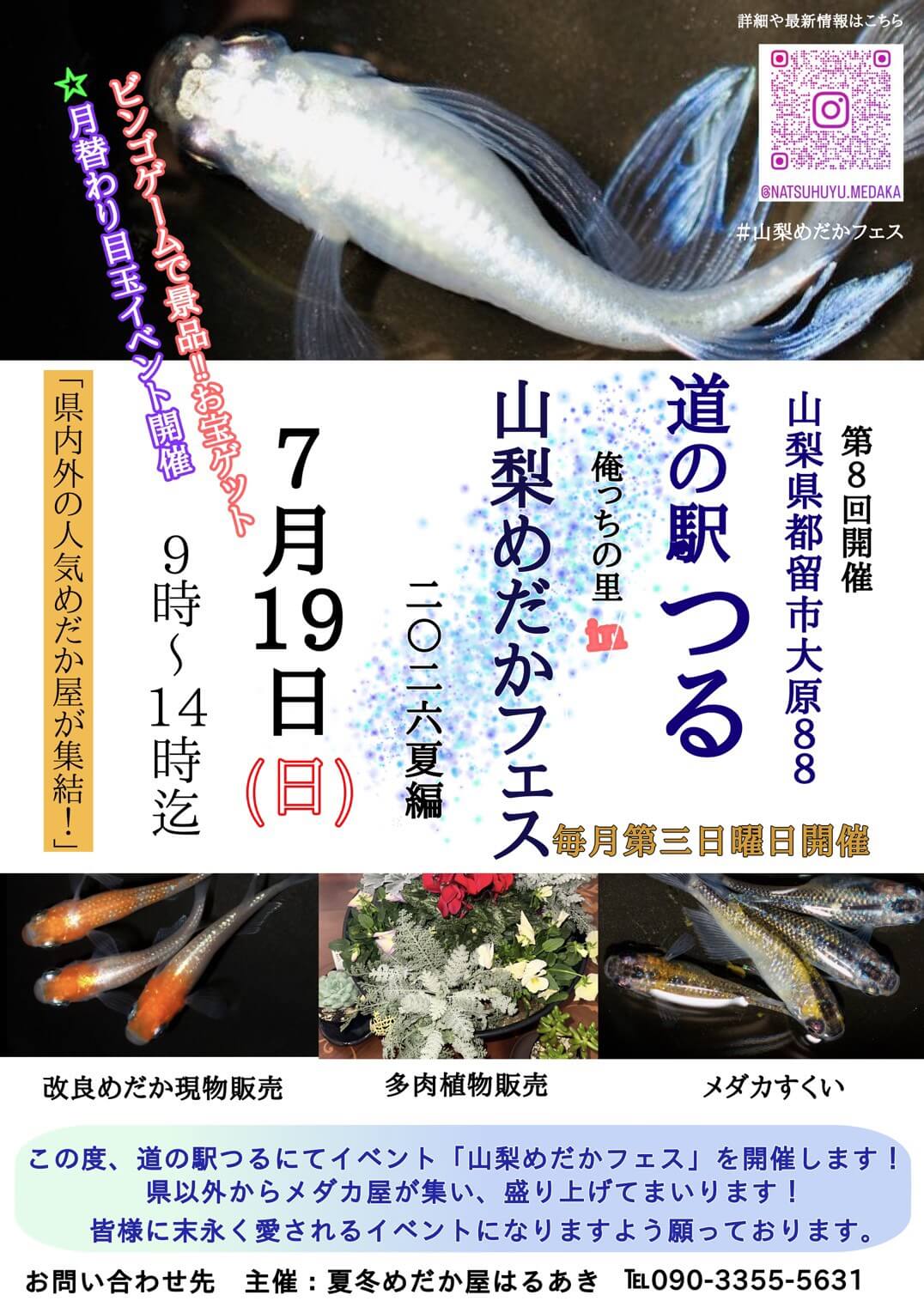 山梨メダカフェス7月開催分のフライヤー広告