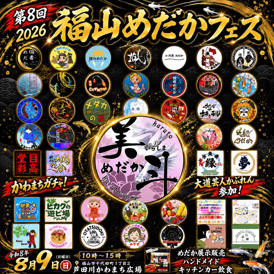 第8回 福山めだかフェス2026のフライヤー広告(2026年8月開催)