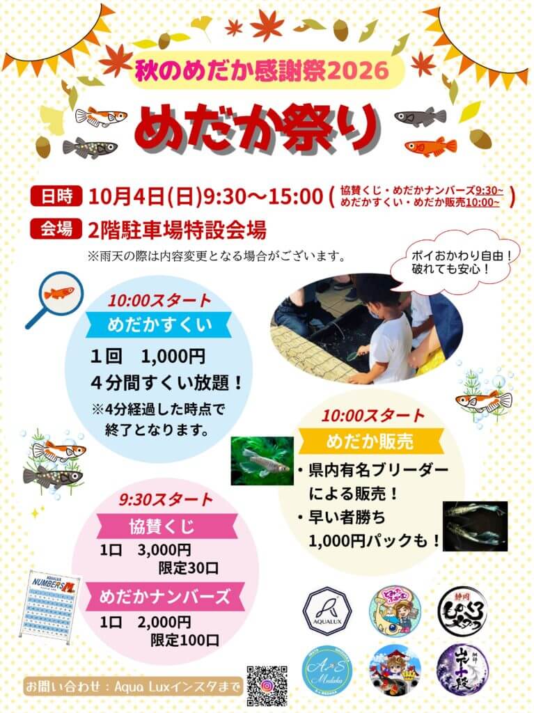 静岡県:めだか祭り~秋のめだか感謝祭!2026(2026年10月開催)