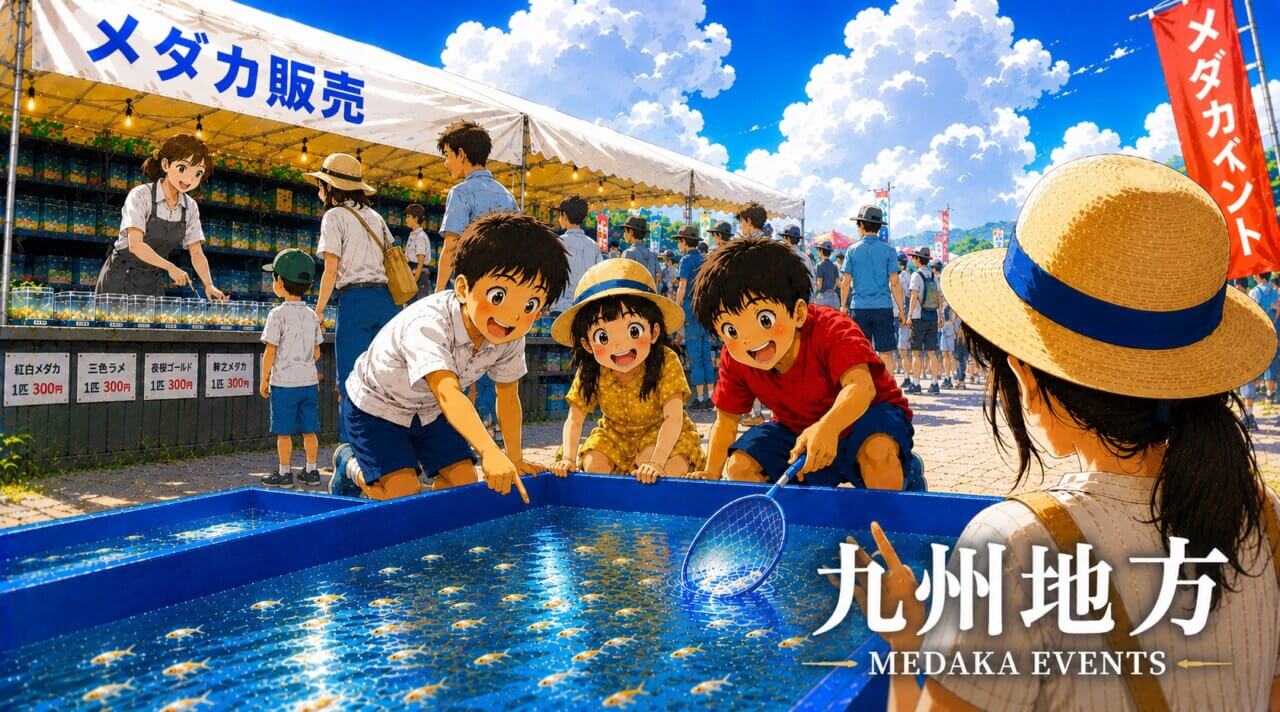 福岡県佐賀県長崎県大分県熊本県宮崎県鹿児島県で開催されているメダカイベントのまとめ情報ページ（アイキャッチ画像）
