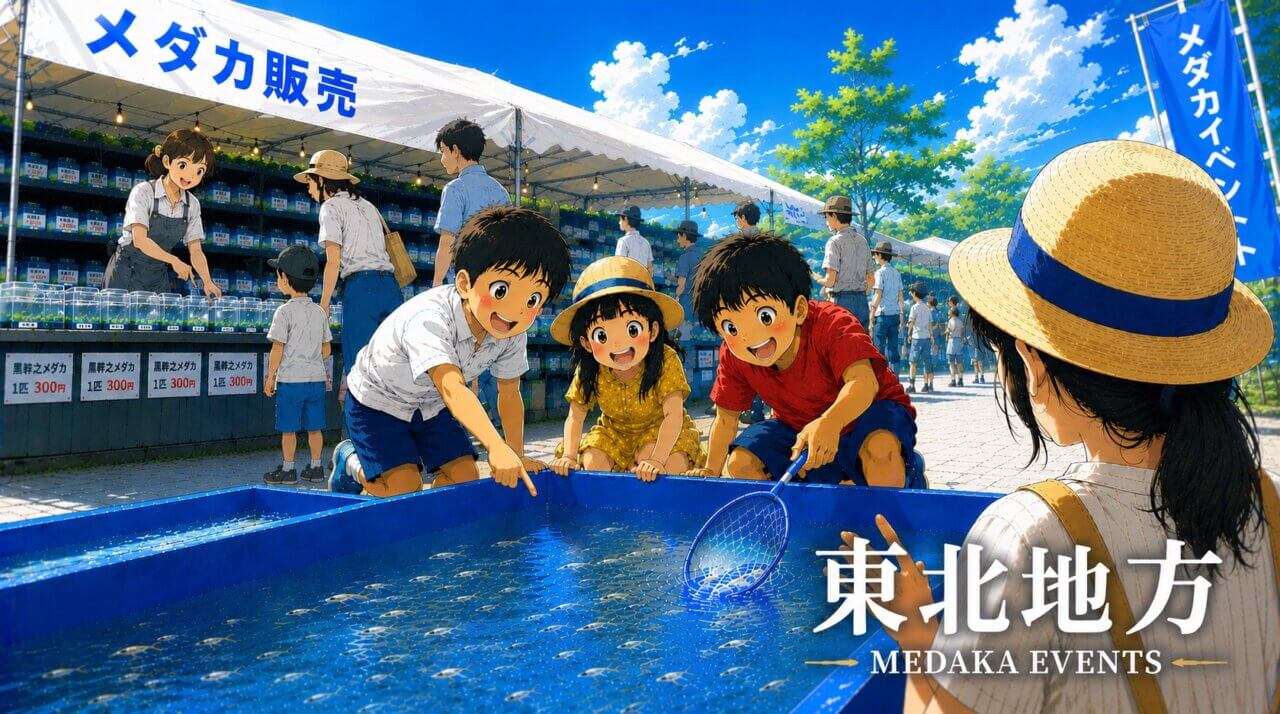 青森県.岩手県.宮城県.秋田県.山形県.福島県で開催されているメダカイベント情報のまとめページへのアイキャッチ画像